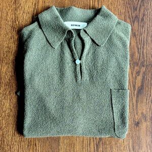 Buck Mason Olive Textured Polo for men, size xl. 
60s resort style polo,